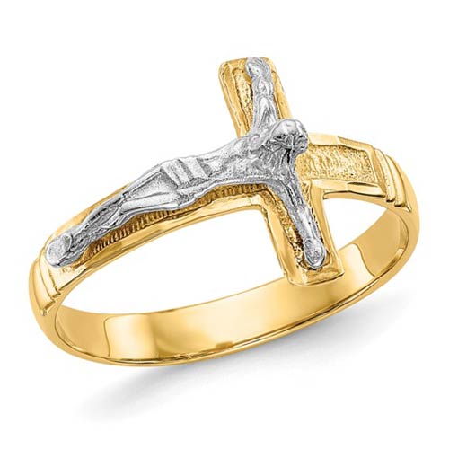 14k Two-tone Gold Men's Diamond-Cut Crucifix Ring