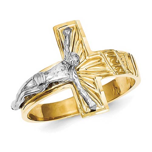 14k Two-tone Gold Men's Diamond-Cut INRI Crucifix Ring