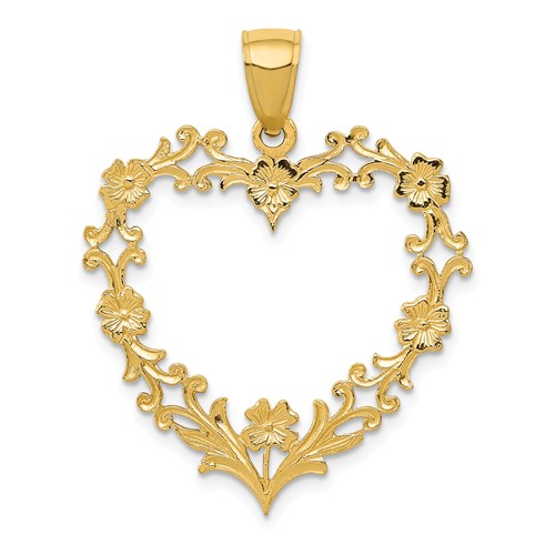 14k Yellow Gold Heart Pendant with Floral Border 1in