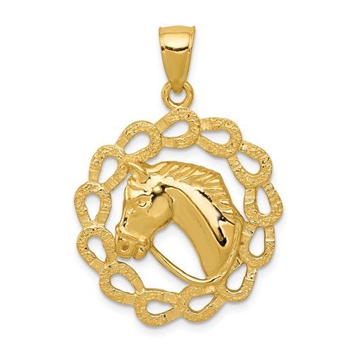 14k Yellow Gold Horse in Horseshoes Pendant 1in