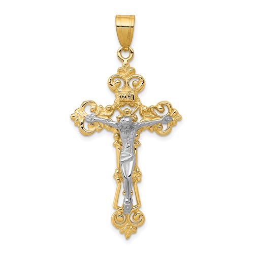 14k Two-tone Gold INRI Fleur De Lis Crucifix Pendant 1.5in