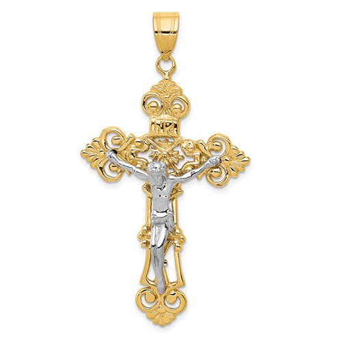 14k Two-tone Gold INRI Fleur De Lis Crucifix 1.75in