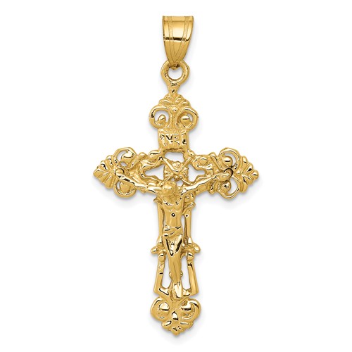 14k Yellow Gold INRI Cut-out Fleur De Lis Crucifix Pendant 1.25in