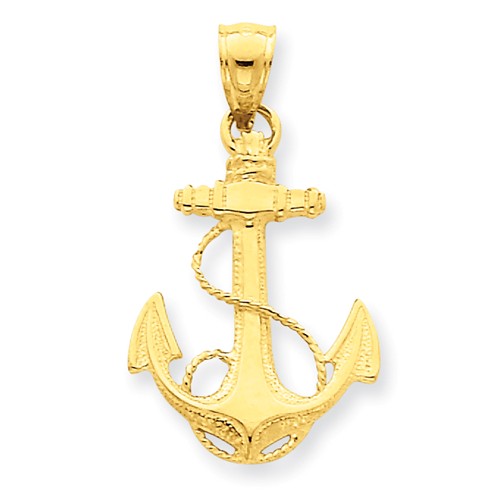 14kt Yellow Gold 7/8in Polished Anchor Pendant with Rope