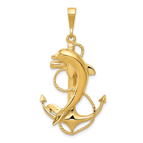 14k Yellow Gold Dolphin and Anchor Pendant 1 1/4in
