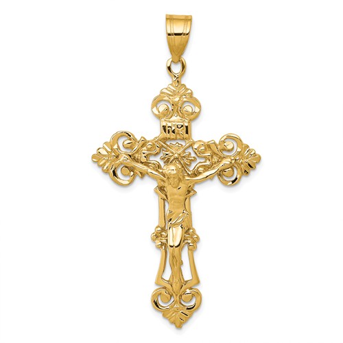 14k Yellow Gold INRI Fleur De Lis Crucifix Pendant 1.75in