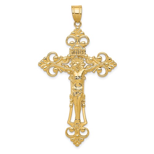 14k Yellow Gold INRI Fleur De Lis Crucifix Pendant 2in