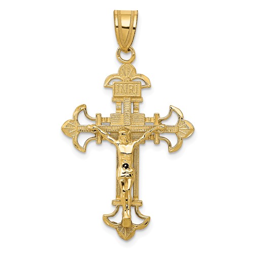 14kt Yellow Gold 1 1/8in Open Back Fleur de lis Crucifix