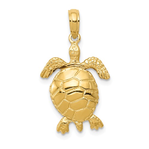14k Yellow Gold 3-D Moveable Turtle Pendant 3/4in