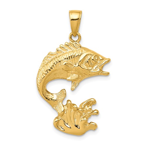 14k Yellow Gold Jumping Bass Fish Pendant 1in C2572 | Joy Jewelers