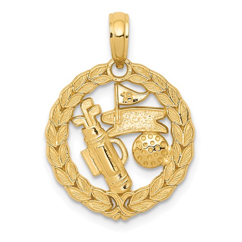 14k Yellow Gold Golf Pendant with Laurel Leaf 5/8in
