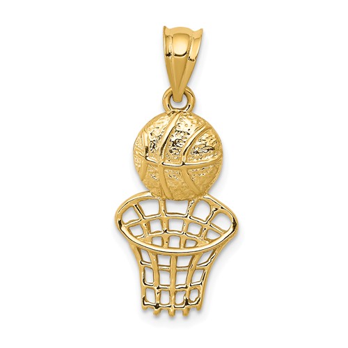 14k Yellow Gold Diamond-Cut Basketball and Net Pendant 3/4in