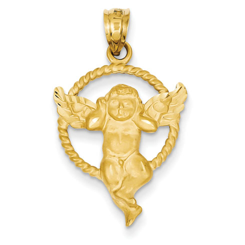 14k Yellow Gold Angel in Circle Pendant 7/8in