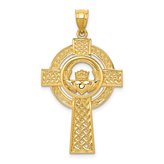 14kt Yellow Gold 1 1/4in Celtic Claddagh Cross