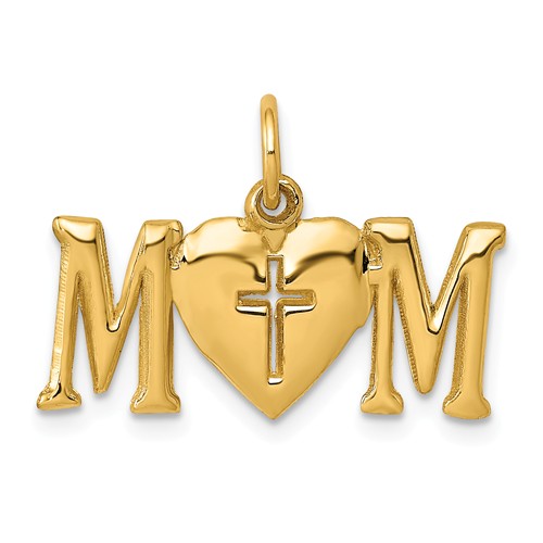 14k Yellow Gold Mom With Heart Cross Charm 7/8in