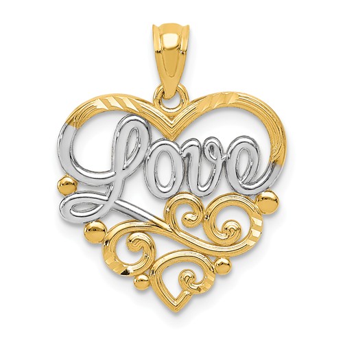 14k Yellow Gold and Rhodium Love Heart Pendant with Scroll Design