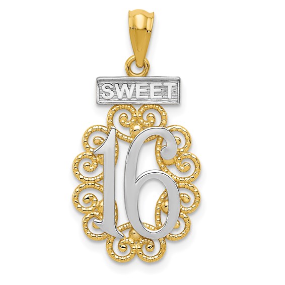 14kt Two-tone Gold 3/4in Filigree Sweet 16 Charm