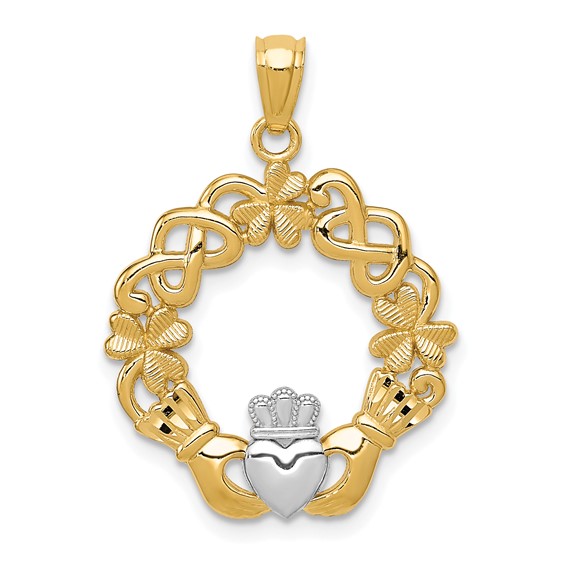 14kt Yellow Gold Rhodium 3/4in Arched Claddagh Pendant
