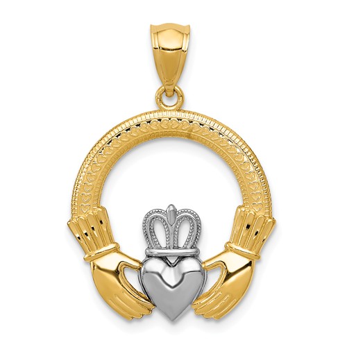 14k Yellow Gold Claddagh Pendant with Rhodium 3/4in C3037
