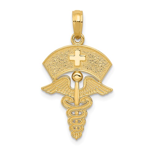 14k Yellow Gold Nurse Cap Pendant with Caduceus 7/8in