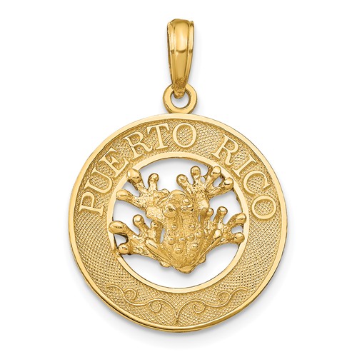 14k Yellow Gold Puerto Rico Pendant with Frog 3/4in