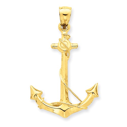 14k Yellow Gold 1in 3-D Anchor with Rope Pendant