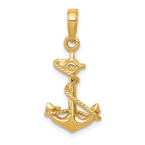 14kt Yellow Gold 5/8in 3-D Anchor Pendant with Rope