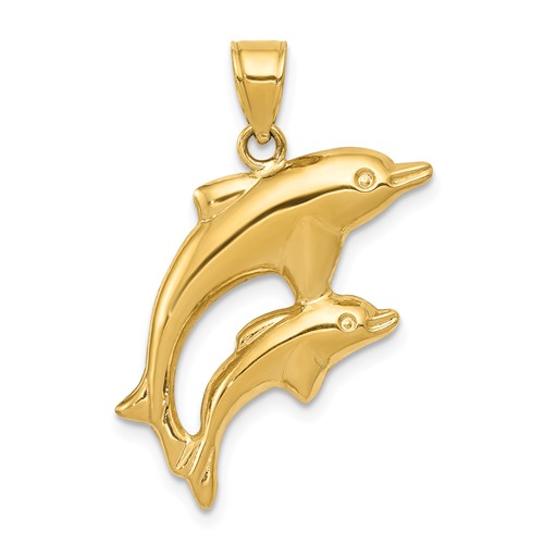 14k Yellow Gold Pair of Dolphins Pendant 7/8in