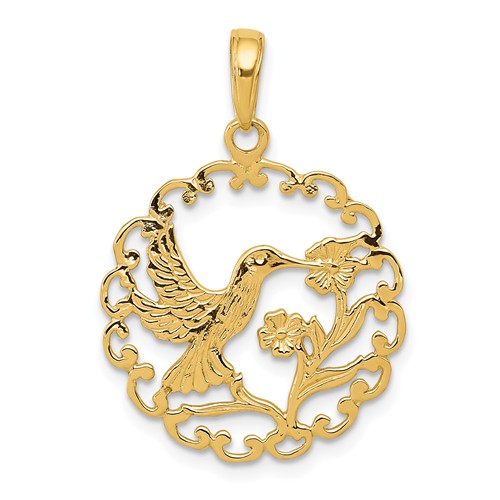 14k Yellow Gold Hummingbird Pendant with Flowers in Frame 3/4in
