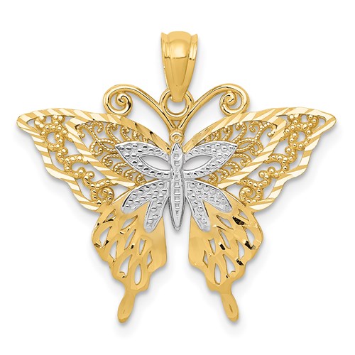 14kt Yellow Gold and Rhodium 3/4in Diamond-cut Butterfly Pendant