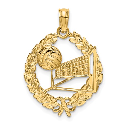 14k Yellow Gold Volleyball Laurel Leaf Circle Pendant 5/8in