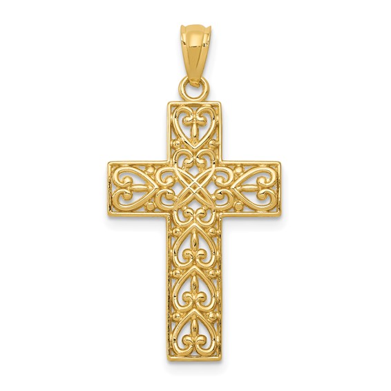 14kt Yellow Gold 15/16in Diamond-cut Filigree Cross