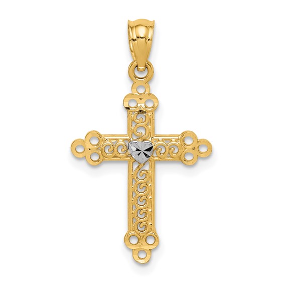 14k Yellow Gold & Rhodium 3/4in Budded Cross Pendant with Heart