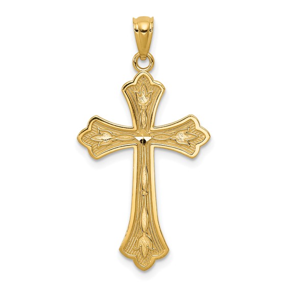 14k Yellow Gold 1in Diamond-Cut Satin Budded Cross Pendant