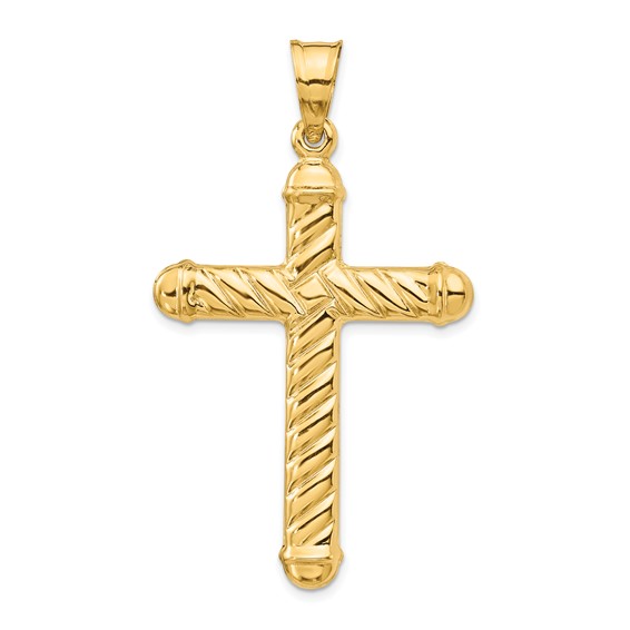 14k Yellow Gold Hollow Cross Pendant With Rounded Tips 1 5/8in