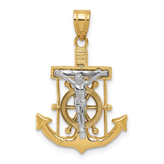 14kt Two-tone Gold Diamond-cut Mariner's Cross Pendant 7/8in