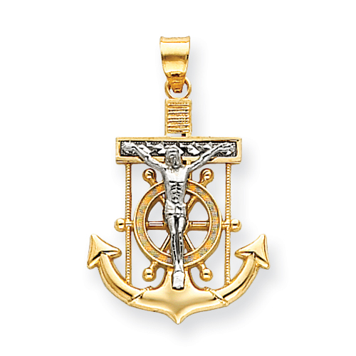 14kt Two-tone Gold 1in Diamond-cut Mariner's Cross Pendant