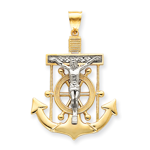 14kt Twotone 1 15/16in Diamondcut Mariner's Cross Pendant C3718