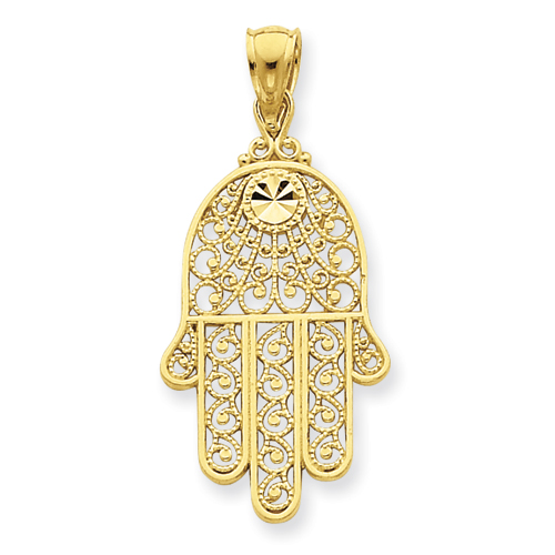14k Yellow Gold 1 1/16in Diamond-cut Filigree Chamseh Pendant