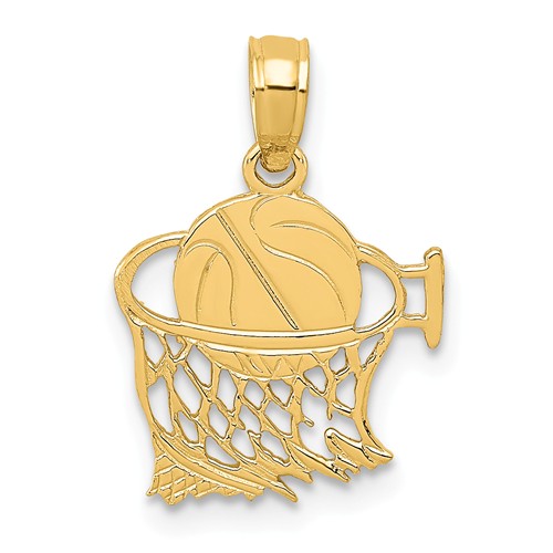 14k Yellow Gold Basketball in Net Pendant 1/2in