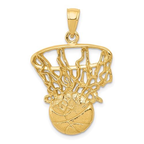14k Yellow Gold Swish Basketball and Hoop Pendant 7/8in