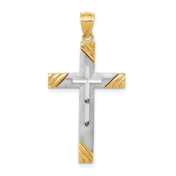 14k Two-Tone Gold Diamond-cut Cross Pendant 1 1/8in