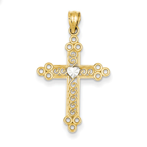 14kt Gold & Rhodium 1in Budded Cross with Heart