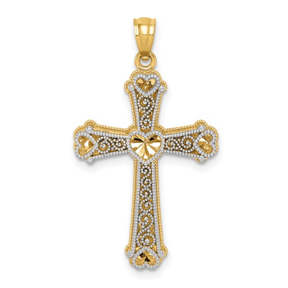 14k Two-tone Gold 1in Hearts Filigree Cross Pendant