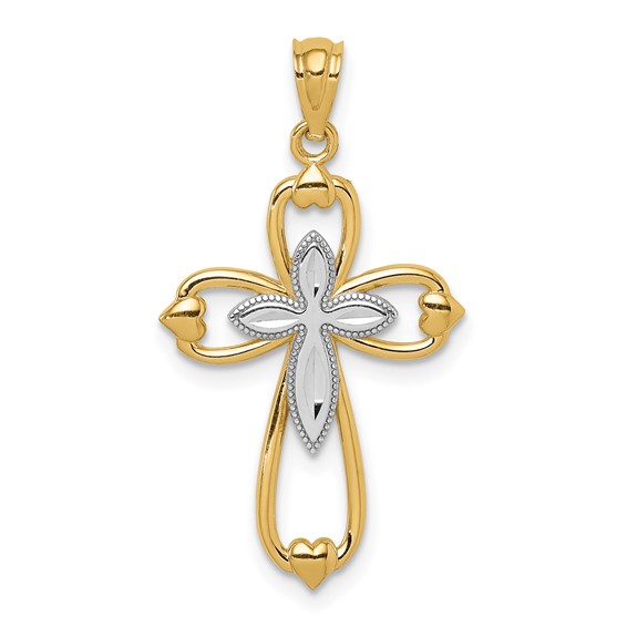 14k Gold and Rhodium Diamond-cut Cross Pendant with Hearts 15/16in
