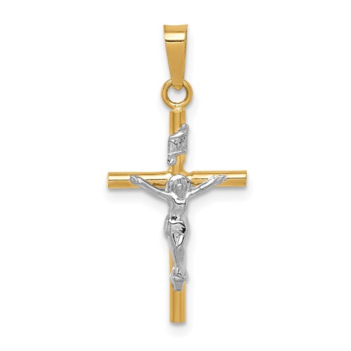 14k Two-tone Gold Slender INRI Crucifix Pendant 3/4in