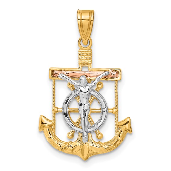 14kt Tricolor Gold 7/8in Diamondcut Mariner's Cross C3930