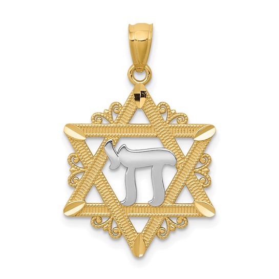 14kt Two Tone Gold 3/4in Star of David Chai Pendant