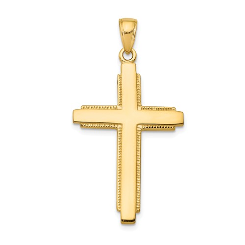 14k Yellow Gold Latin Cross Pendant with Reeded Edges 1.25in