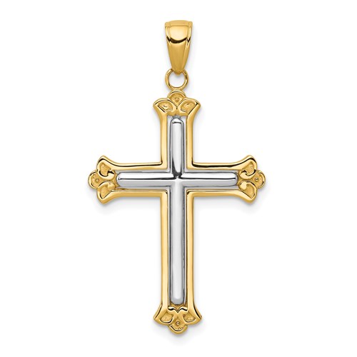 14k Yellow Gold with Rhodium Budded Cross Pendant 1in